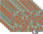 Placemat - Placemats kunststof - Retro - Bloemen - Design - Oranje - 45x30 cm - 6 stuks - Hittebestendig - Anti-Slip - Onderlegger - Afneembaar