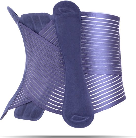 Donkerblauwe rugbrace met een gestreept patroon en verstelbare klittenbandsluitingen. De brace is gevouwen.
