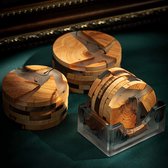 Four Love Onderzetters voor glazen - Rond - 6 stuks met houder - Housewarming Cadeau - Tafelbeschermer - Onderzetters design - Luxe 3D effect - hout en hars