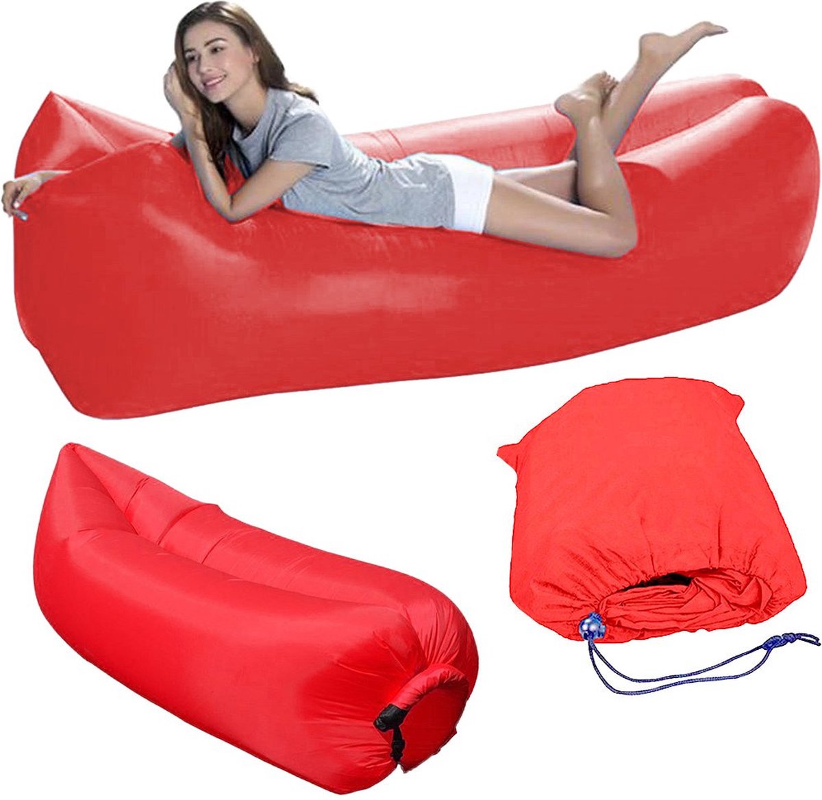 Opblaasbare zitzak rood - Volwassenen luchtbed - Air lounger - Luchtzak 220x70 cm - Ligzak voor op het strand