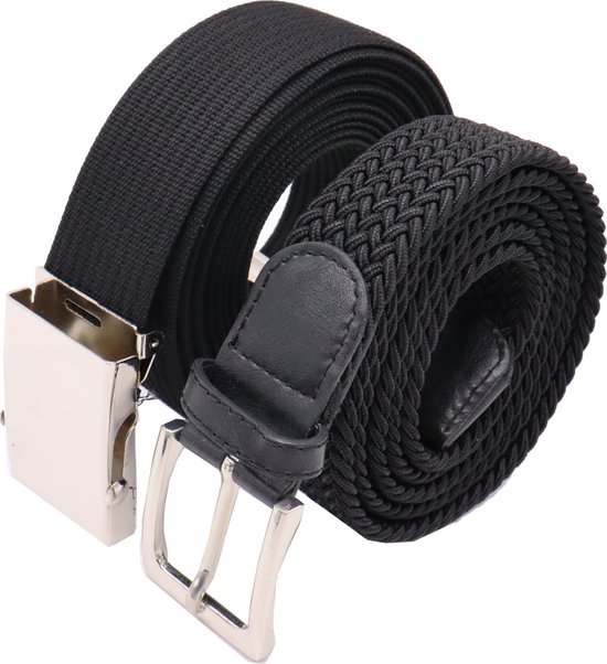Safekeepers elastiek riem en Canvasriem - koppelriem en gevlochten riem -  2 stuks - Zwart