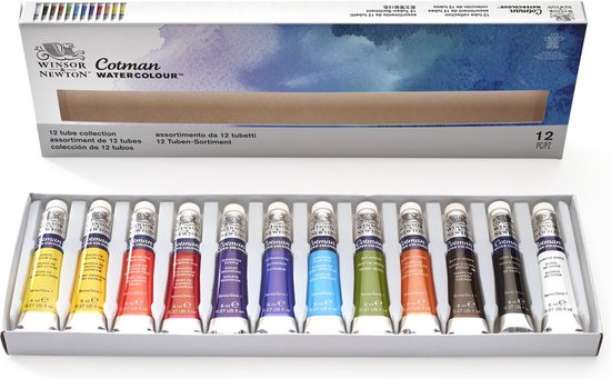 Winsor & Newton 0390636 Cotman Aquarelverf Set – 12 Tubes 8 ml – Professionele Waterverf voor Studio en Rei