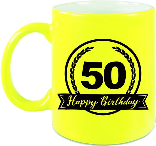 Foto: Happy birthday 50 years cadeau mok beker met wimpel 330 ml neon geel abraham sarah verjaardagscadeau