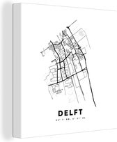 Canvas Schilderij Kaart – Plattegrond – Stadskaart – Delft – Nederland – Zwart Wit - 90x90 cm - Wanddecoratie