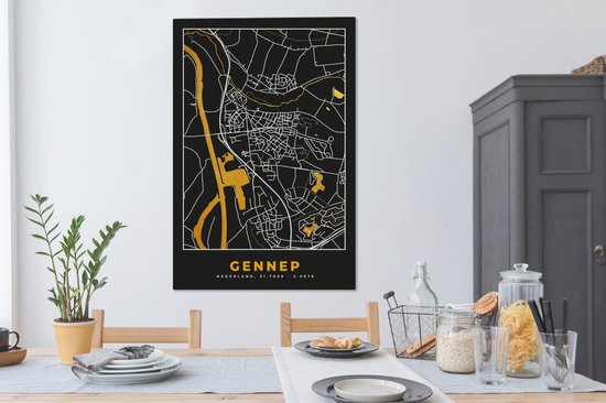 Tableau sur Toile Gennep - Plan de Ville - Black and Gold et Or - Carte - Carte - 80x120 cm - Décoration murale