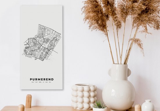 Canvas Schilderij Plattegrond – Purmerend – Zwart Wit – Stadskaart - Kaart - Nederland - 20x40 cm - Wanddecoratie