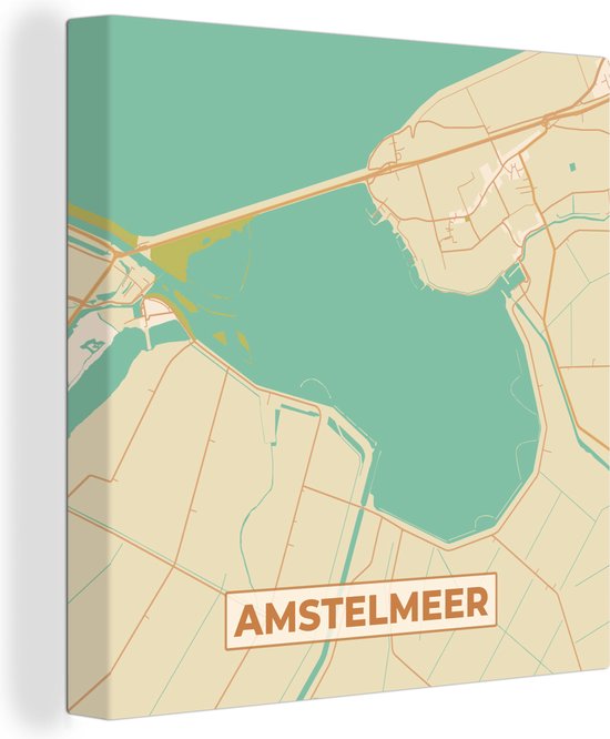 Canvas Schilderij Kaart - Vintage - Amstelmeer - Stadskaart - Plattegrond - 90x90 cm - Wanddecoratie