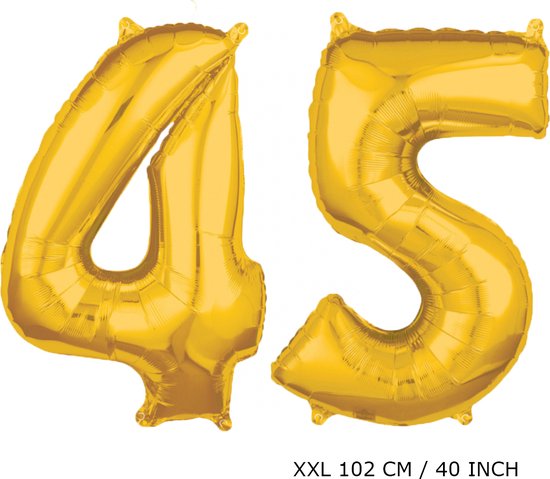 Mega grote XXL gouden folie ballon cijfer 45 jaar.  leeftijd verjaardag 45 jaar. 102 cm 40 inch. Met rietje om ballonnen mee op te blazen.