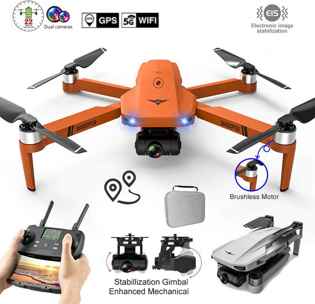 LUXWALLET Libra4 – FPV Drone Quadcopter - 25.2Km/h – WiFI GPS 1.2 KM – 2-As Gimbal - Full HD Camera - Oranje