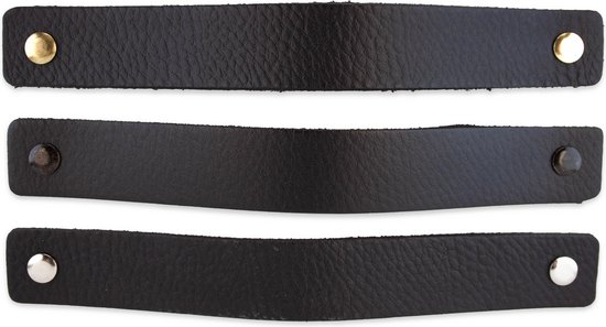 Drie zwarte leren lusgrepen met verschillende kleuren schroeven: goud, donkergrijs en zilver.