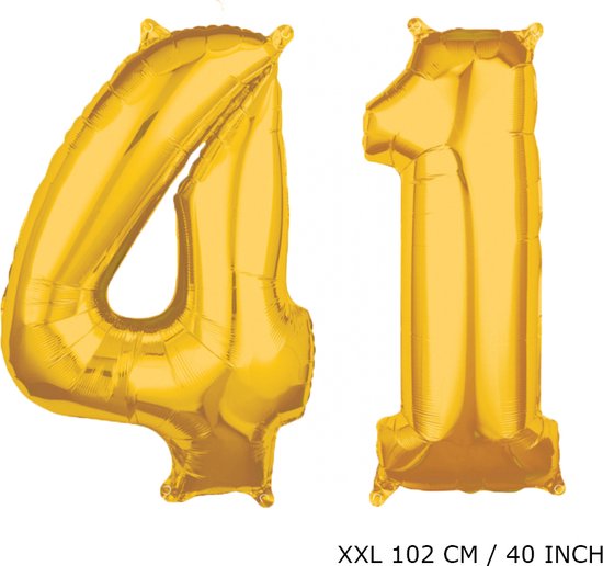Mega grote XXL gouden folie ballon cijfer 41 jaar.  leeftijd verjaardag 41 jaar. 102 cm 40 inch. Met rietje om ballonnen mee op te blazen.