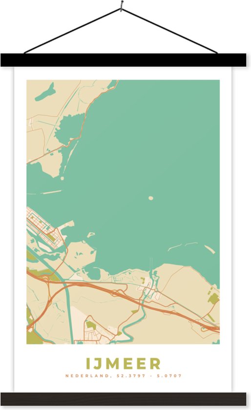 Posterhanger incl. Poster 40x60 cm - Schoolplaat - Plattegrond - IJmeer - Kaart - Stadskaart - Vintage - Textielposter - Zwarte latten - Plattegrond