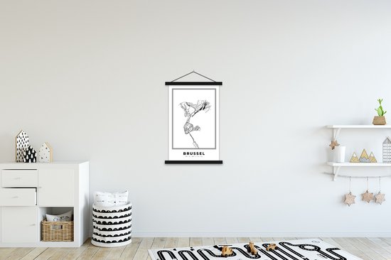 Posterhanger incl. Poster 60x90 cm - Schoolplaat - Stadskaart – Zwart Wit - Kaart – Brussel – België – Plattegrond - Textielposter - Zwarte latten - Plattegrond