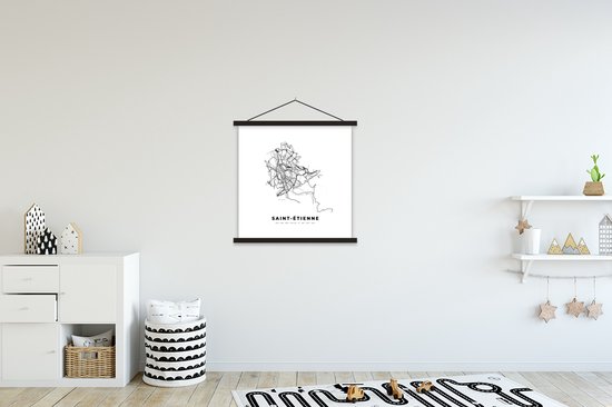 Porte-affiche avec Poster - Affiche scolaire - France - Plan de la ville - Zwart et Wit - Saint Étienne - Carte - Carte - 60x60 cm - Lattes noires