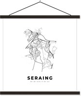 Posterhanger incl. Poster 120x120 cm - Schoolplaat - Kaart – Plattegrond – Stadskaart – Seraing – België – Zwart Wit - Textielposter - Zwarte latten - Plattegrond