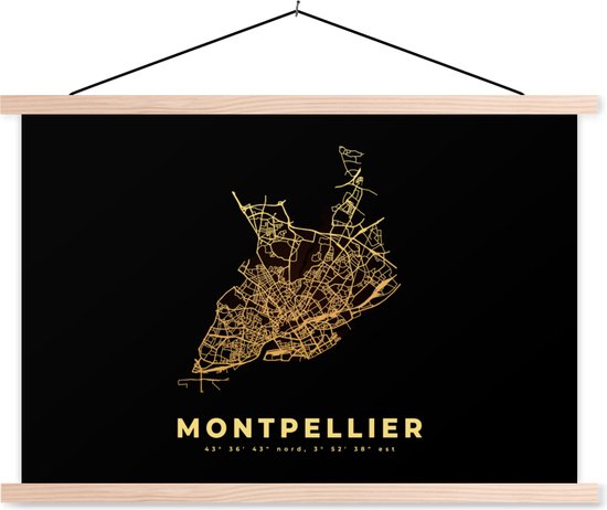 Posterhanger incl. Poster - Schoolplaat - Frankrijk - Goud – Stadskaart - Kaart – Plattegrond – Montpellier - 150x100 cm - Blanke latten - Plattegrond
