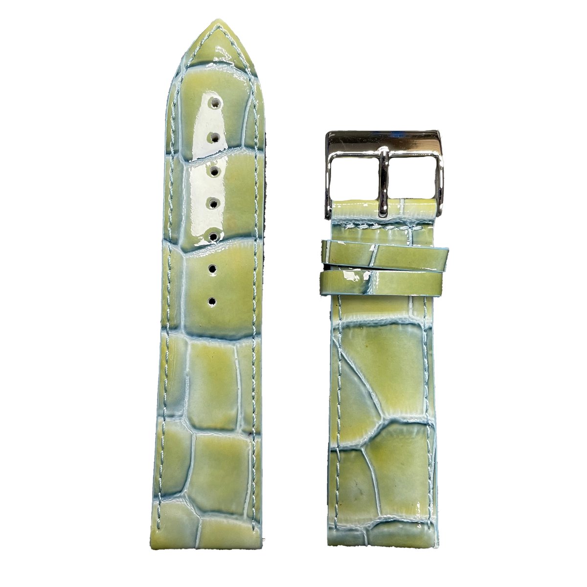 Horlogeband - 22mm - Glans Groen - Echt leer in croco print - Roestvrijstalen gesp
