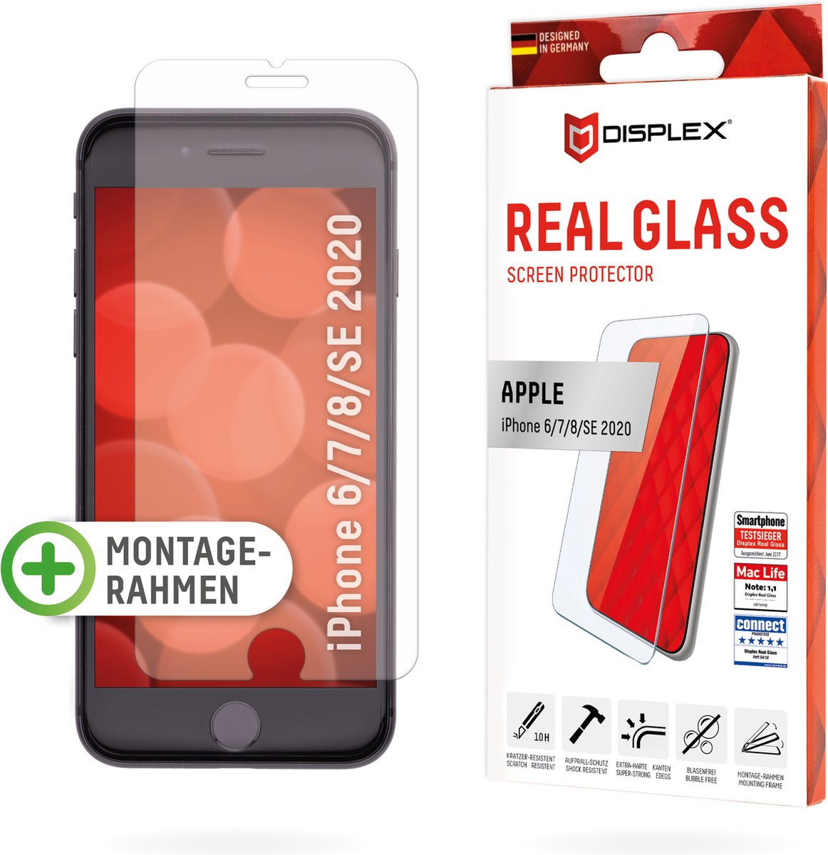 Displex Real Glass + Frame screenprotector voor iPhone 6 6s 7 8 en SE 2020 SE 2022 - transparant