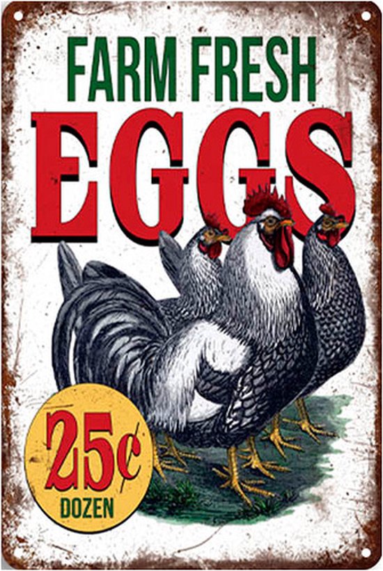 Signs-USA - Retro wandbord - metaal - Farm Fresh Eggs - 20 x 30 cm