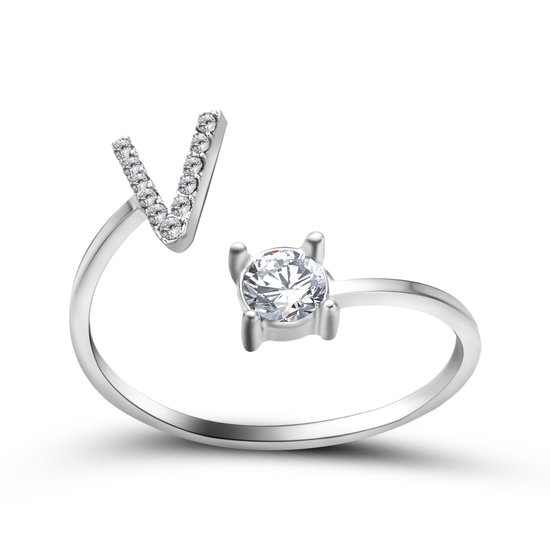 Ring met letter V - Ring met steen - Aanschuifring - Zilver kleurig - Ring Zilver dames - Cadeau voor vriendin - Vrouw - Sieraad meisje - Mooie ring tieners - Alfabet ring V - Ring met initiaal