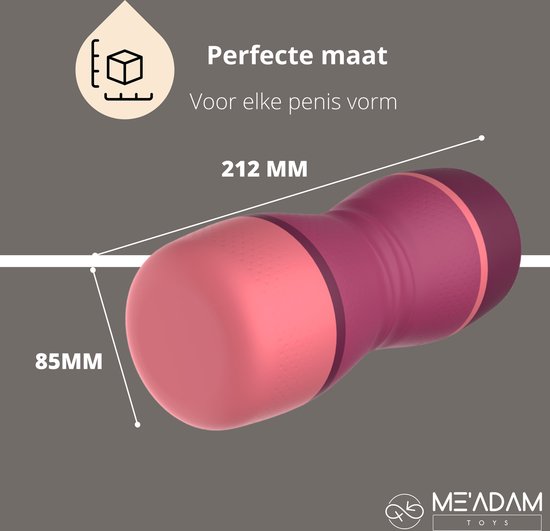 Paars-roze masturbator met afmetingen 212 MM lang en 85 MM breed. Geschikt voor elke penisvorm.