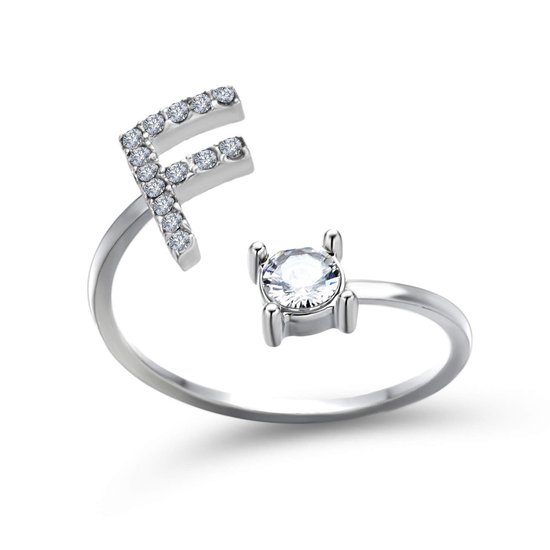 Ring met letter F - Ring met steen - Aanschuifring - Zilver kleurig - Ring Zilver dames - Cadeau voor vriendin - Vrouw - Sieraad meisje - Mooie ring tieners - Alfabet ring F - Ring met initiaal
