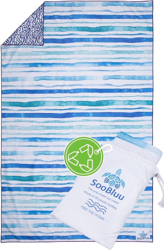 SooBluu - Sneldrogende handdoek reishanddoek strandlaken - Duurzaam gemaakt van gerecycled plastic (rPET) tot microvezel handdoek  -  dames en heren - compact lichtgewicht dun badlaken - absorberend - zandvrij - bont  100x160 - blauw wit