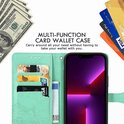 Étui de téléphone vert à motif floral, avec fentes pour cartes, argent et cartes bancaires.