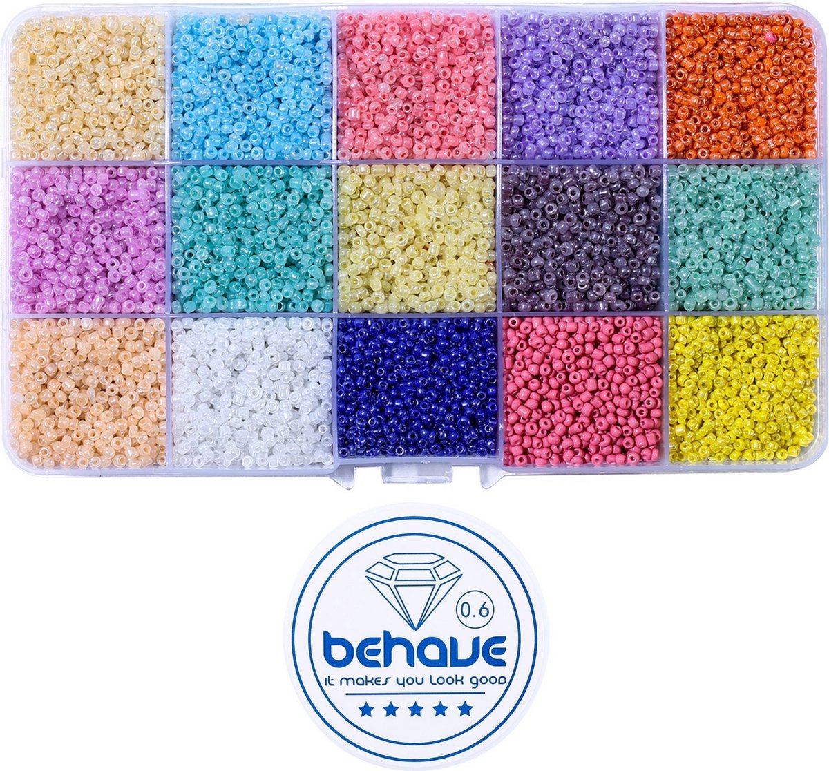 Behave 15000 Glaskralen Set - DIY Sieraden maken - Kralen Set - Rocailles - Rijgdraad - 15 Pastel Kleuren - 2mm