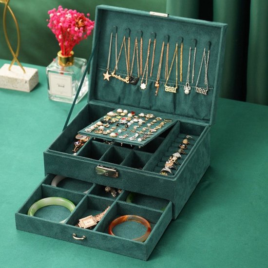 Luxe sieradendoos - Juwelen doos voor sieraden (ring, ketting, oorbellen, horloge) - Dames bijouterie organizer - Groen