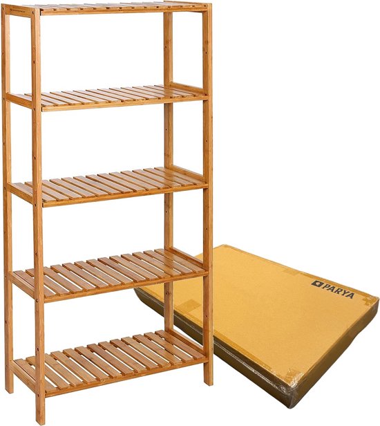 Een 5-laags bamboe opbergrek naast een platte kartonnen doos.