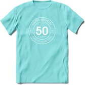 50th Happy Birthday T-shirt | Vintage 1972 Aged to Perfection | 50 jaar Abraham en Sarah verjaardag cadeau | Grappig feest shirt Heren – Dames – Unisex kleding | - Licht Blauw - S
