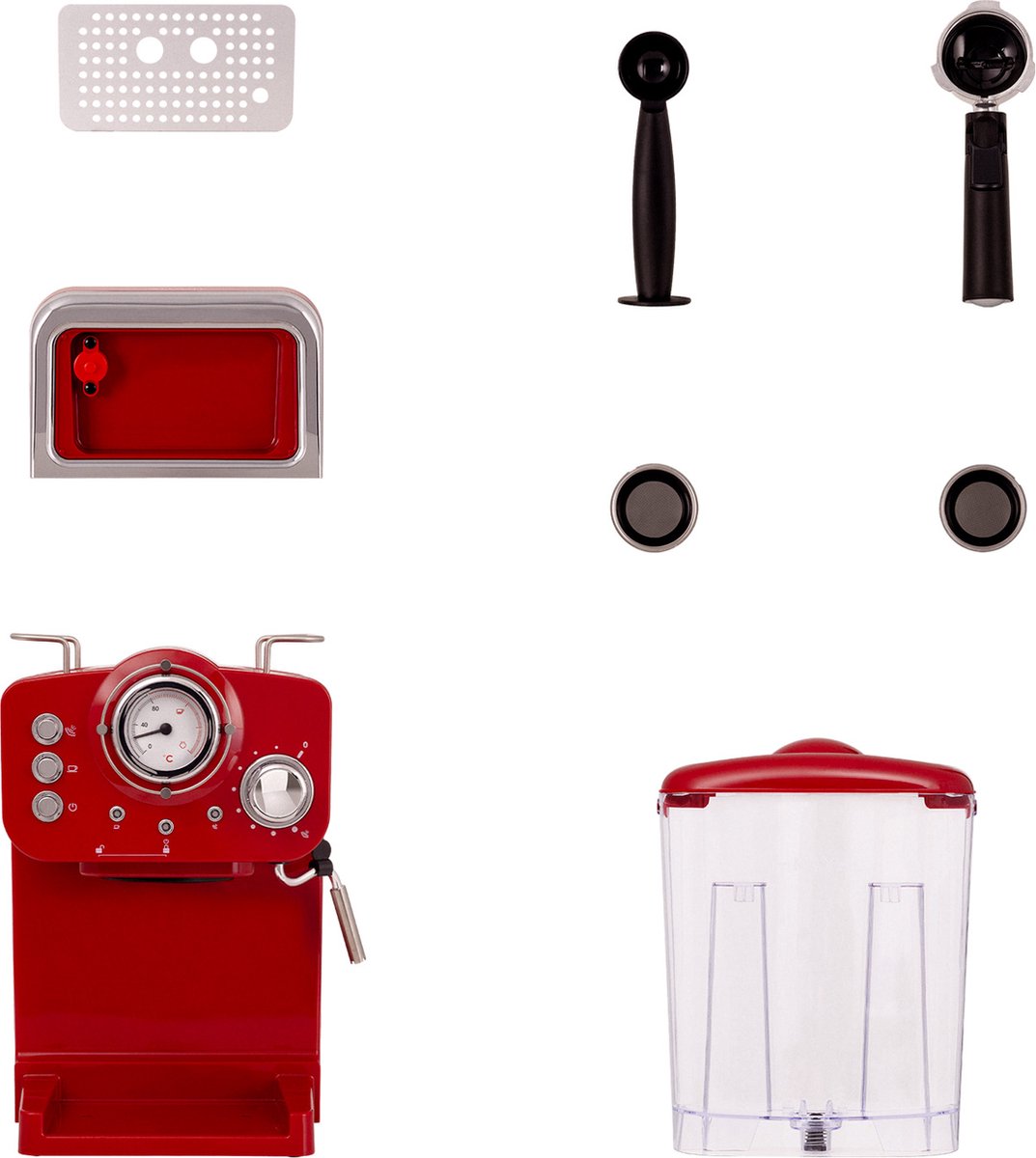 Machine à Café Expresso CREATE THERA RETRO MATT - 20 Bars, Réservoir 1.25L, Bras Double - Rouge/Bois