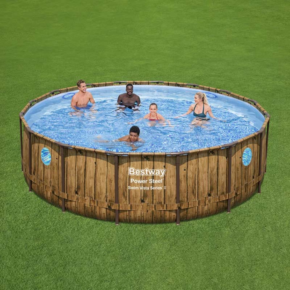 Bestway - Power Steel Swim Vista - Opzetzwembad inclusief filterpomp en accessoires - 488x122 cm - Houtprint - Rond — afbeelding 11