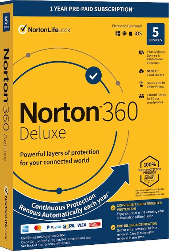 Norton Antivirus 360 Deluxe 1 licentie 5 apparaten 12 maanden NL