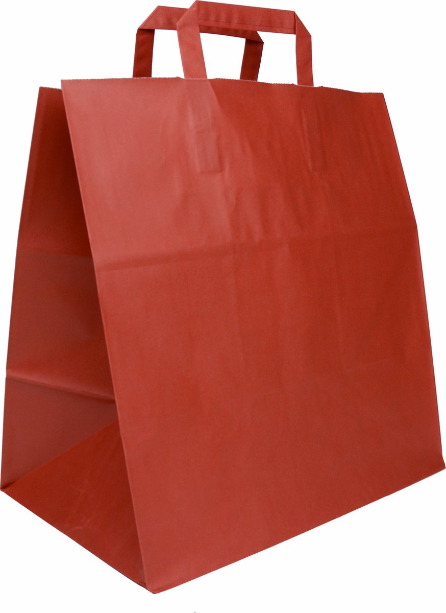 Draagtassen papier - Take Away - Rood - 32 + 22 x 34 cm - Platte Handgrepen - Extra Brede Bodem