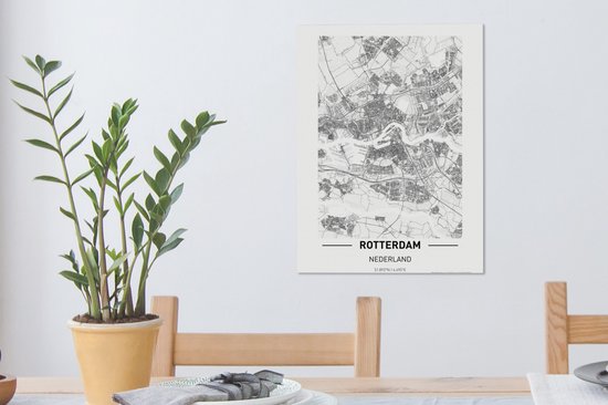 Tableau sur Toile City Map - Rotterdam - Zwart - Wit - 30x40 cm - Décoration murale - Carte