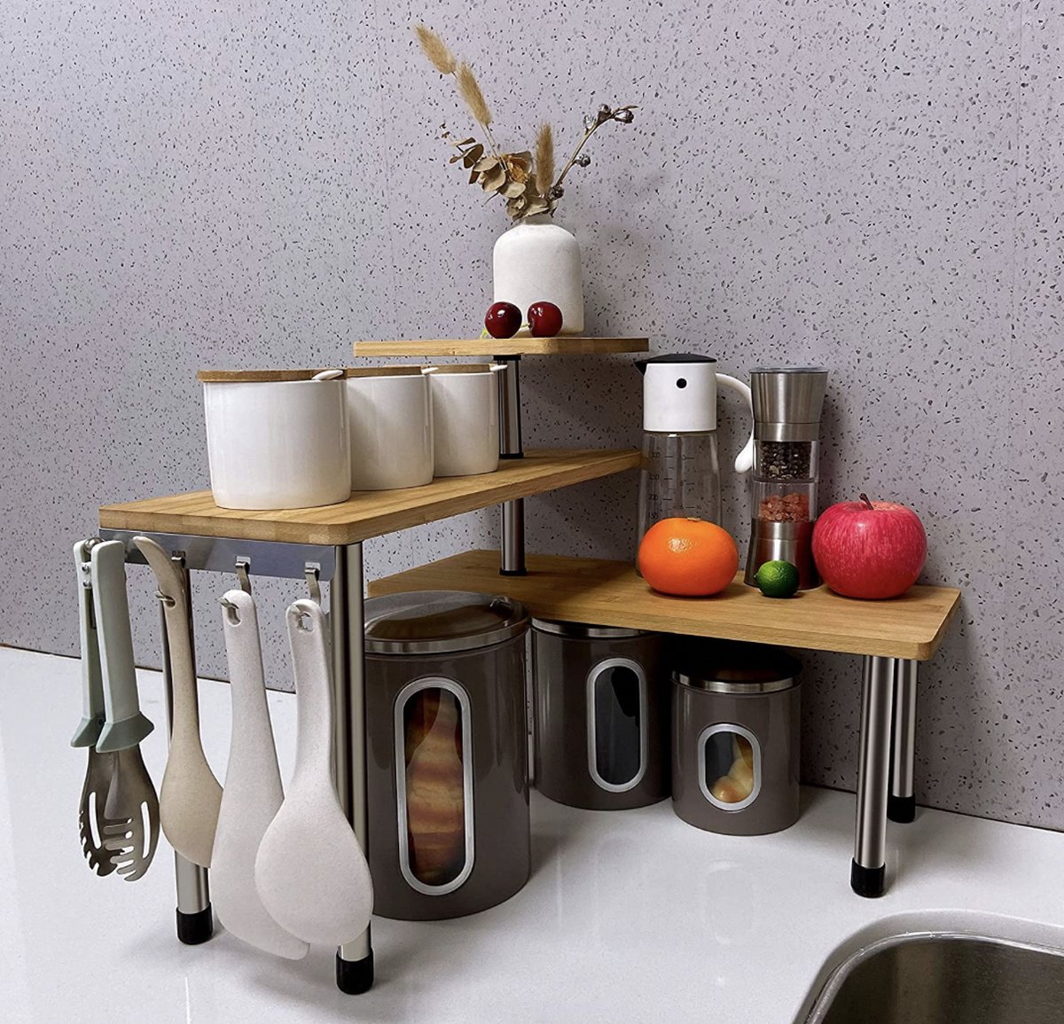 Decopatent 3 Laags Hoek Keuken Opbergrek - Staand rek 3 etages voor Keuken - Corner Keukenrek - Hoekrek - Bamboe/Metaal