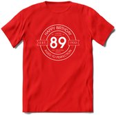 89th Happy Birthday T-shirt | Vintage 1933 Aged to Perfection | 89 jaar verjaardag cadeau | Grappig feest shirt Heren – Dames – Unisex kleding | - Rood - S