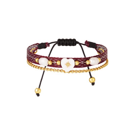 Armband - Goud- Bohemian babe - Hart - RVS - Zoetwaterparels - Burgundy - Donker - Rood