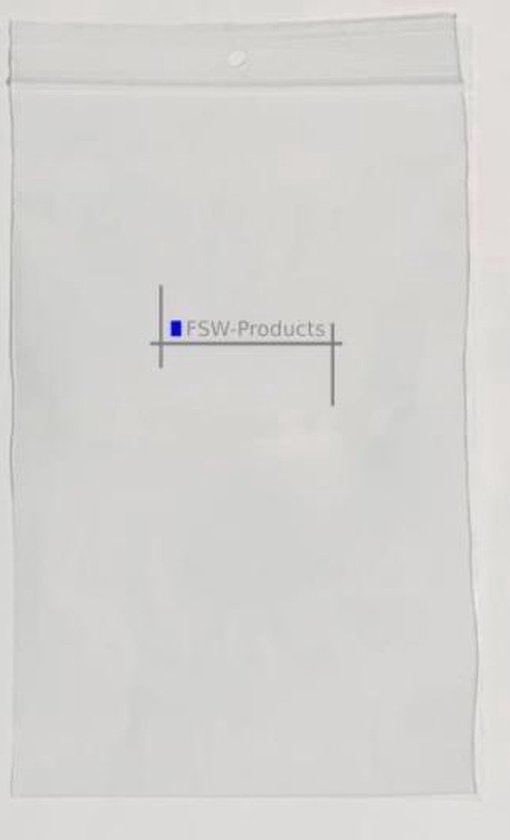 Transparante plastic zak met een ophanggat en FSW-Products logo.