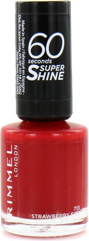 Rimmel London 60 Seconds Super Shine nagellak in de kleur 713 Strawberry Fizz, rode lak in glazen flesje met zwarte dop.