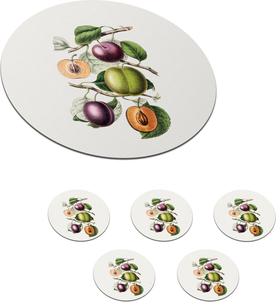 Onderzetters voor glazen - Rond - Perzik - Fruit - Vintage - 10x10 cm - Glasonderzetters - 6 stuks