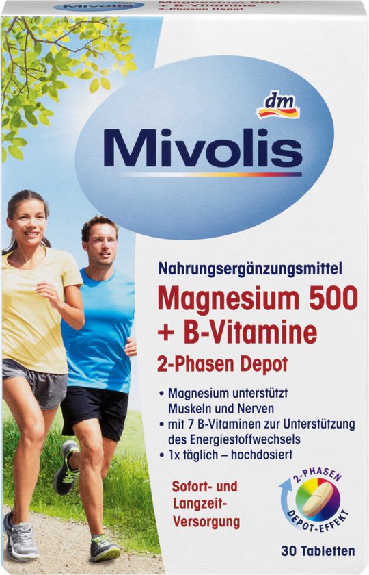 Verpakking met lopende man en vrouw. Tekst in het Duits: Mivolis Magnesium 500 + B-vitamines.