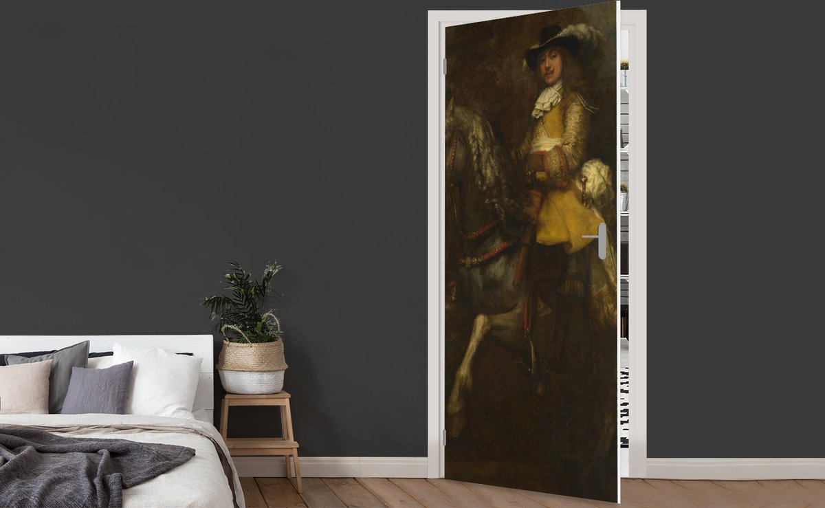 Afbeelding van product StickerSnake  Deursticker een man te paard, mogelijk Frederick Rihel - Schilderij van Rembrandt van Rijn - 85x205 cm - Deurposter