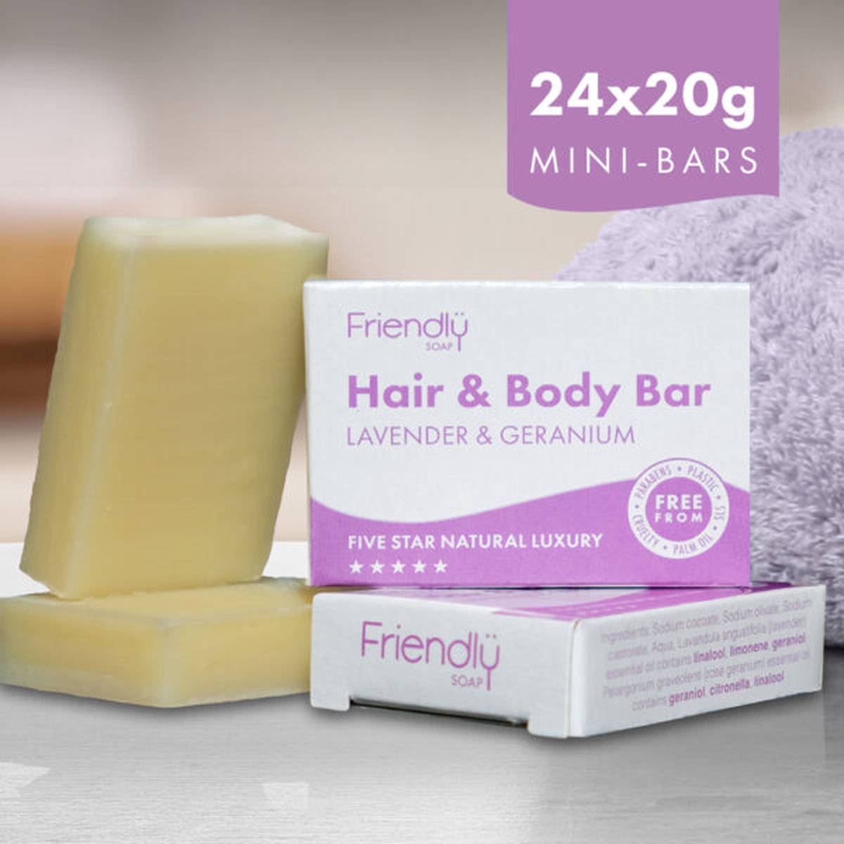 Friendly Soap® | 24 x Hair & Body Gastenzeepje Lavendel & Geranium | 24 x 20 gram | milieubewust | duurzaam |
