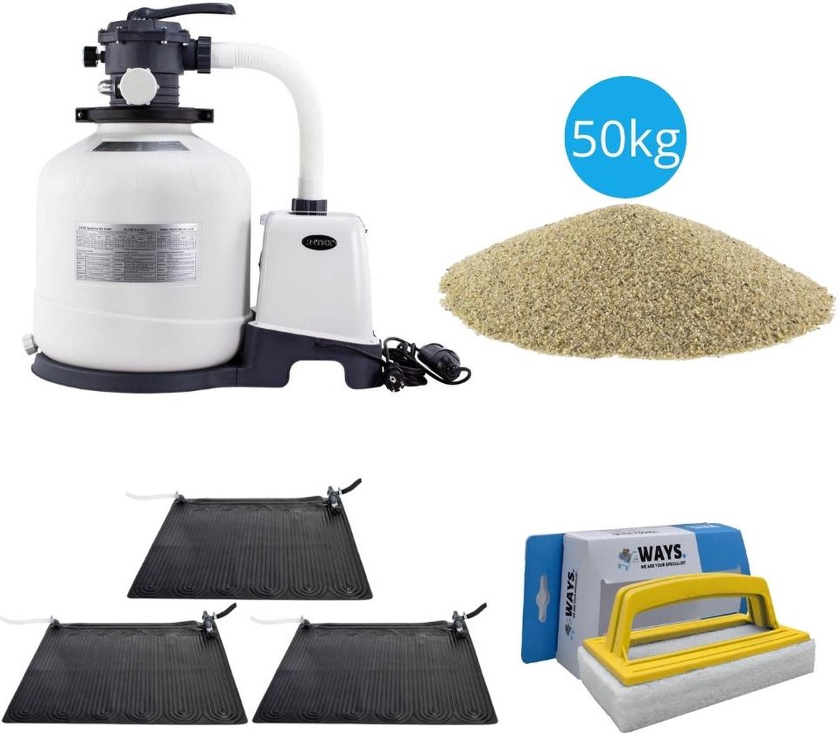 Bol.com Intex - 3x Zwembad verwarming & Zandfilterpomp 3500 L/u & Filterzand 50 kg & WAYS Scrubborstel aanbieding