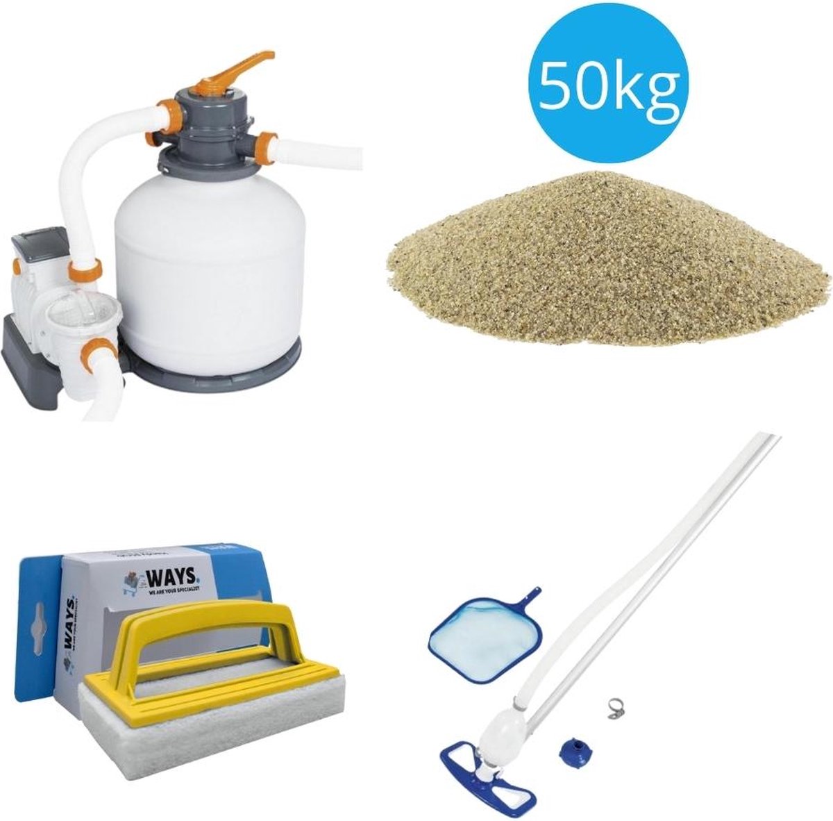 Bol.com Bestway - Zwembadstofzuiger AquaClean & Zandfilterpomp 5678 L/u & Filterzand 50 kg & WAYS Scrubborstel aanbieding