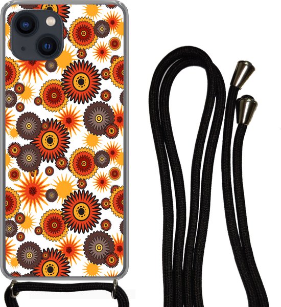 Hoesje met koord Geschikt voor iPhone 13 Mini - Design - Retro - Oranje - Bloemen - Siliconen - Crossbody - Backcover met Koord - Telefoonhoesje met koord - Hoesje met touw
