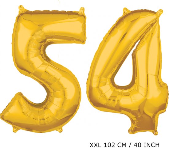 Mega grote XXL gouden folie ballon cijfer 54 jaar.  leeftijd verjaardag 54 jaar. 102 cm 40 inch. Met rietje om ballonnen mee op te blazen.